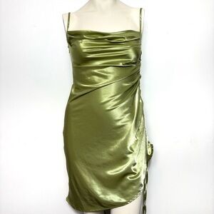 Cider green satin asymmetric cinch mini dress